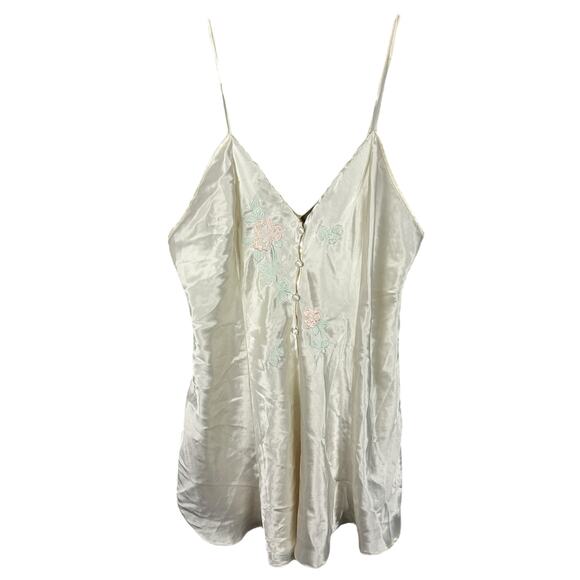 Vintage White Satin V Neck Floral Lace Trim 90s Y2K Slip Dress L - Picture 1 of 4